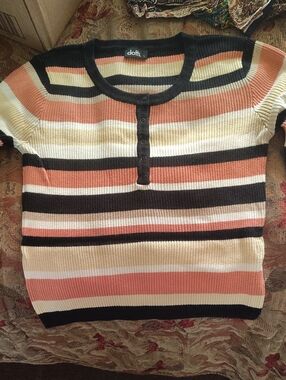 Dotti Striped Rib-Knit Short Sleeve Sweater - Peach, Cream & Black
